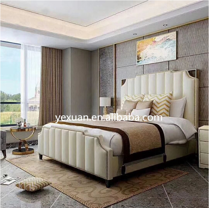  Luxury genuine leather king queen beds with high headboard